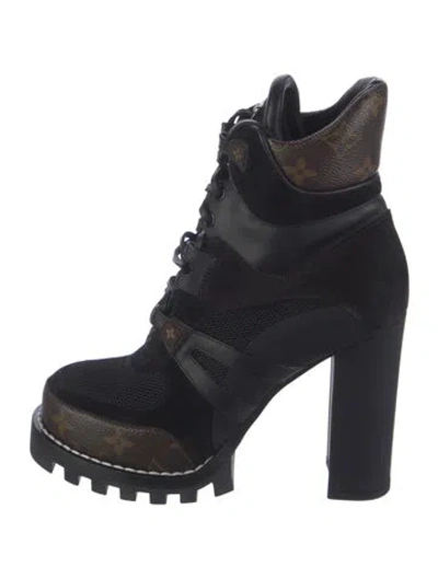 Pre-owned Louis Vuitton Lv Monogram Suede Combat Boots In Black
