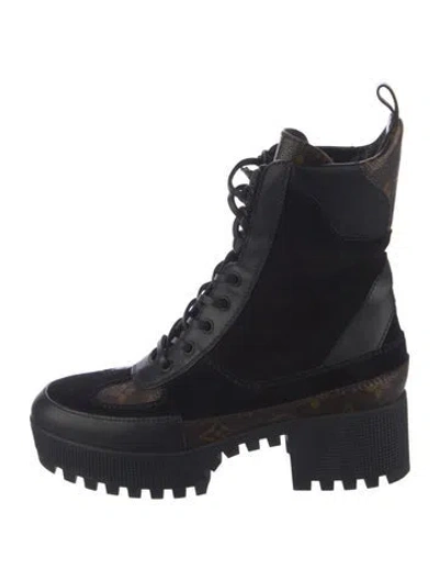 Pre-owned Louis Vuitton Lv Monogram Suede Combat Boots In Black