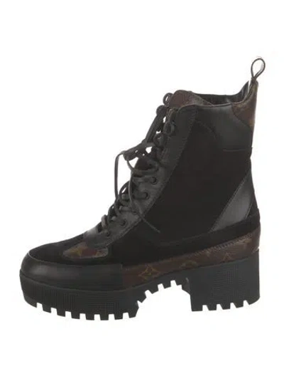 Pre-owned Louis Vuitton Lv Monogram Suede Combat Boots In Black