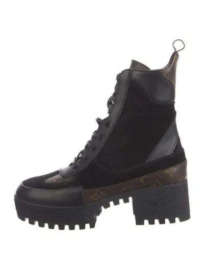 Pre-owned Louis Vuitton Lv Monogram Suede Combat Boots In Black