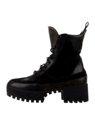 Pre-owned Louis Vuitton Lv Monogram Suede Combat Boots In Black