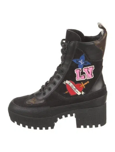 Pre-owned Louis Vuitton Lv Monogram Suede Combat Boots In Black