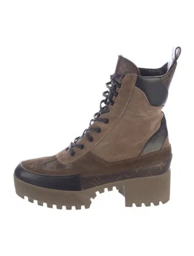 Pre-owned Louis Vuitton Lv Monogram Suede Combat Boots In Black/brown
