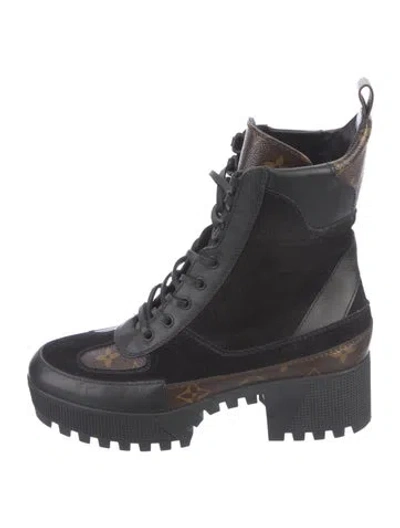 Pre-owned Louis Vuitton Lv Monogram Suede Combat Boots In Black/brown