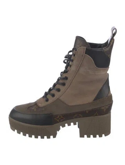 Pre-owned Louis Vuitton Lv Monogram Suede Combat Boots In Black/brown