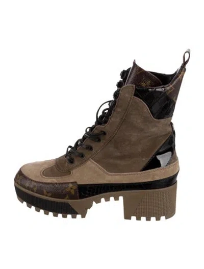 Pre-owned Louis Vuitton Lv Monogram Suede Combat Boots In Brown