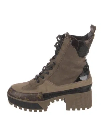 Pre-owned Louis Vuitton Lv Monogram Suede Combat Boots In Brown