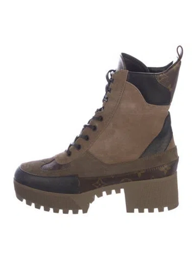 Pre-owned Louis Vuitton Lv Monogram Suede Combat Boots In Brown