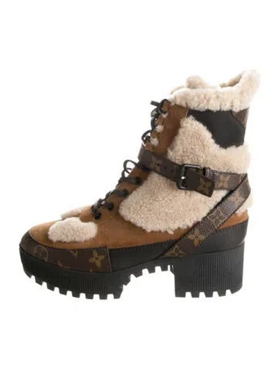 Pre-owned Louis Vuitton Lv Monogram Suede Combat Boots In Brown