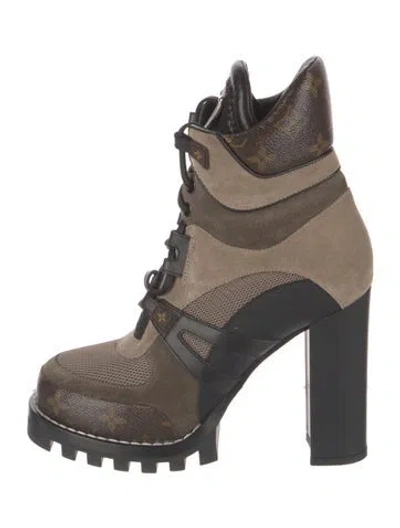 Pre-owned Louis Vuitton Lv Monogram Suede Combat Boots In Brown