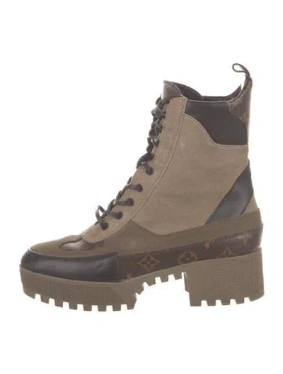 Pre-owned Louis Vuitton Lv Monogram Suede Combat Boots In Brown