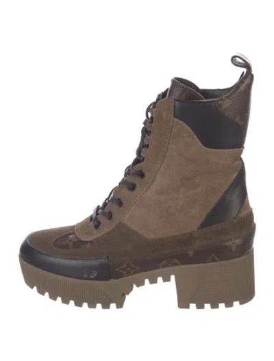 Pre-owned Louis Vuitton Lv Monogram Suede Combat Boots In Brown