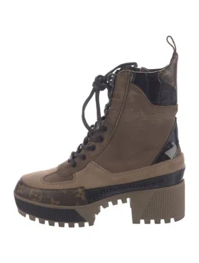 Pre-owned Louis Vuitton Lv Monogram Suede Combat Boots In Brown