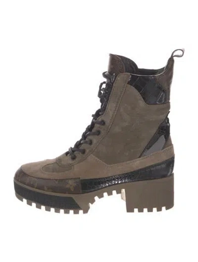 Pre-owned Louis Vuitton Lv Monogram Suede Combat Boots In Brown/neutrals
