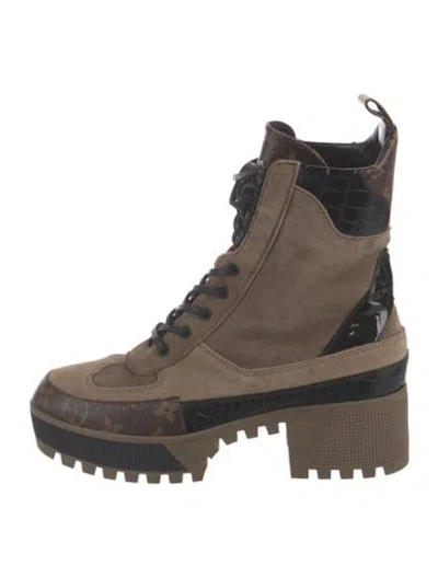 Pre-owned Louis Vuitton Lv Monogram Suede Combat Boots In Brown/neutrals