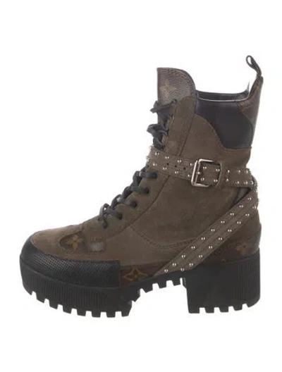 Pre-owned Louis Vuitton Lv Monogram Suede Combat Boots In Green