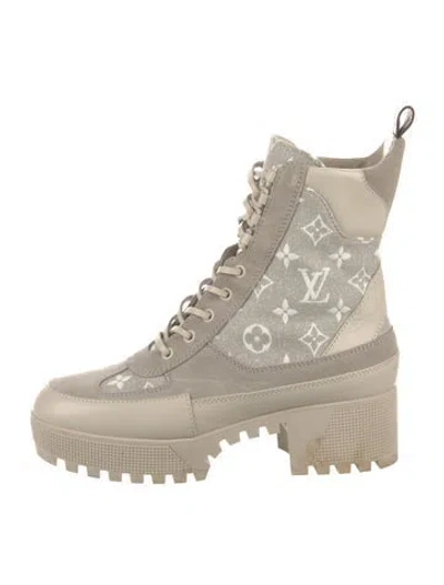 Pre-owned Louis Vuitton Lv Monogram Suede Combat Boots In Grey/neutrals