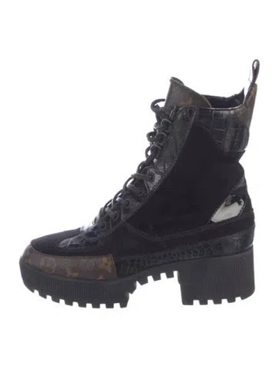 Pre-owned Louis Vuitton Lv Monogram Suede Combat Boots In Multicolor