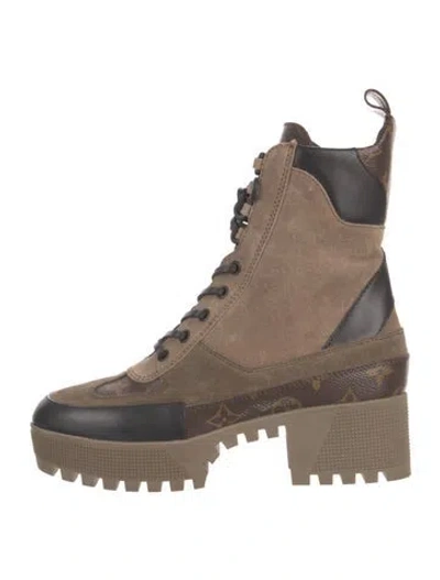 Pre-owned Louis Vuitton Lv Monogram Suede Combat Boots In Neutral