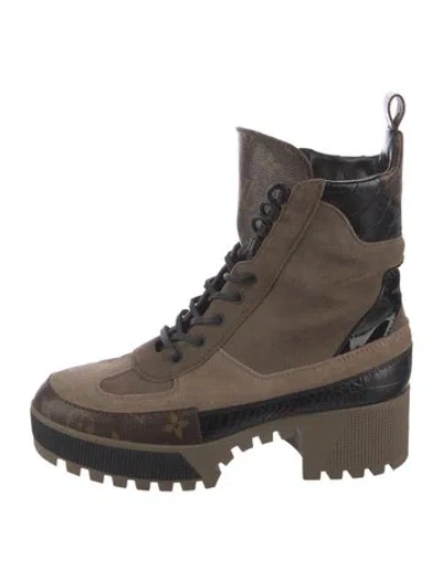 Pre-owned Louis Vuitton Lv Monogram Suede Combat Boots In Neutral
