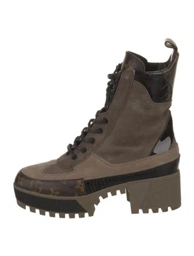 Pre-owned Louis Vuitton Lv Monogram Suede Combat Boots In Neutral