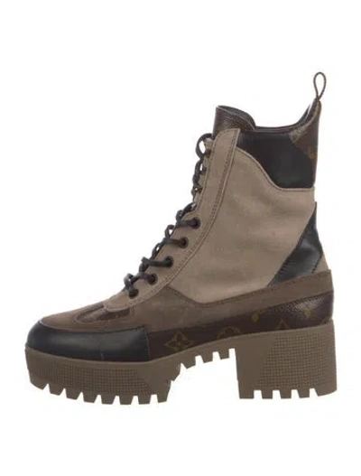 Pre-owned Louis Vuitton Lv Monogram Suede Combat Boots In Neutral