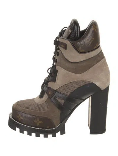 Pre-owned Louis Vuitton Lv Monogram Suede Combat Boots In Neutrals
