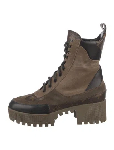 Pre-owned Louis Vuitton Lv Monogram Suede Combat Boots In Neutrals