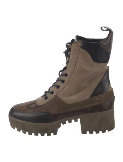 Pre-owned Louis Vuitton Lv Monogram Suede Combat Boots In Neutrals
