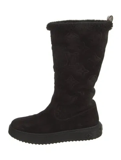 Pre-owned Louis Vuitton Lv Monogram Suede Lace-up Boots In Black