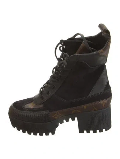 Pre-owned Louis Vuitton Lv Monogram Suede Lace-up Boots In Black