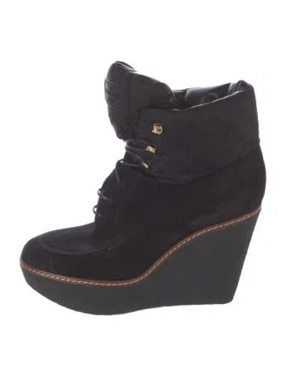 Pre-owned Louis Vuitton Lv Monogram Suede Lace-up Boots In Black