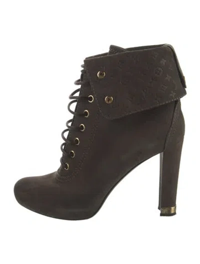 Pre-owned Louis Vuitton Lv Monogram Suede Lace-up Boots In Brown