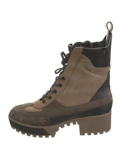 Pre-owned Louis Vuitton Lv Monogram Suede Lace-up Boots In Brown