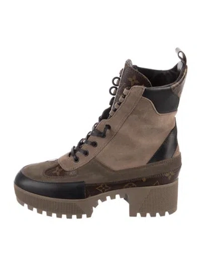 Pre-owned Louis Vuitton Lv Monogram Suede Lace-up Boots In Brown