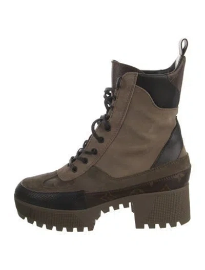 Pre-owned Louis Vuitton Lv Monogram Suede Lace-up Boots In Brown/neutrals