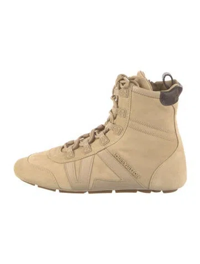 Pre-owned Louis Vuitton Lv Monogram Suede Lace-up Boots In Neutral
