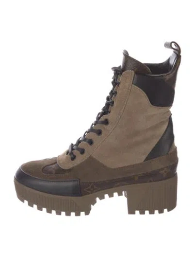 Pre-owned Louis Vuitton Lv Monogram Suede Lace-up Boots In Neutrals