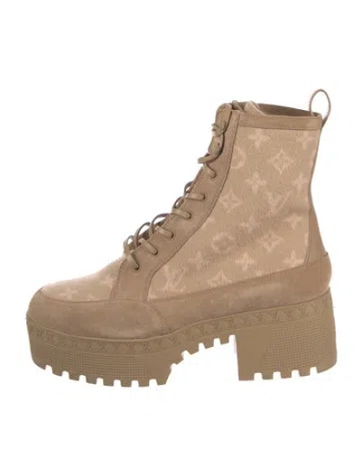 Pre-owned Louis Vuitton Lv Monogram Suede Lace-up Boots In Neutrals