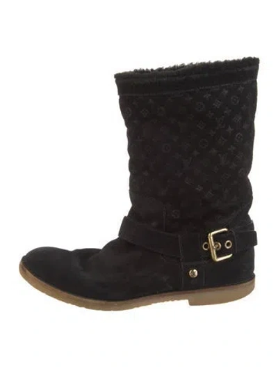 Pre-owned Louis Vuitton Lv Monogram Suede Moto Boots In Black