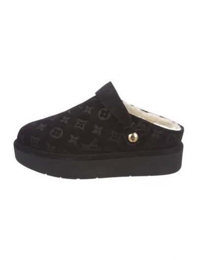 Pre-owned Louis Vuitton Lv Monogram Suede Mules In Black