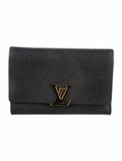 Pre-owned Louis Vuitton Lv Monogram Taurillon Leather Capucines Compact Wallet In Black
