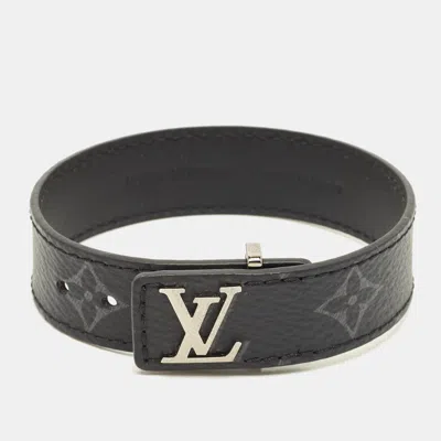 Pre-owned Louis Vuitton Lv Slim Black Monogram Canvas Silver Tone Bracelet