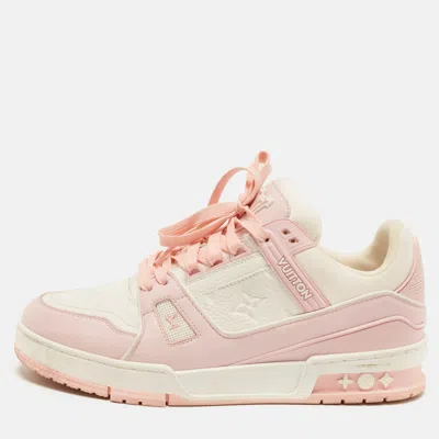 Pre-owned Louis Vuitton Lv Trainer Size 39.5 Pink/white Monogram Leather And Fabric Lace Up Sneakers