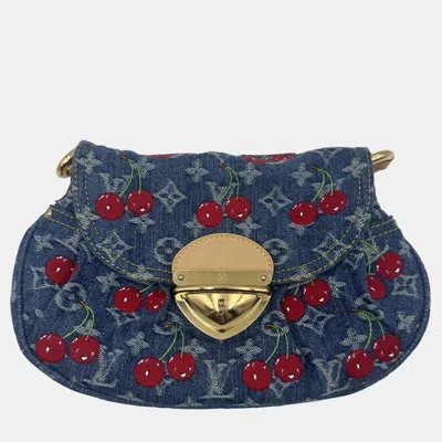 Pre-owned Louis Vuitton Lv X Murakami Cherry Print Denim Sunset Hobo Bag In Blue
