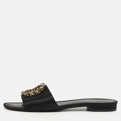 Pre-owned Louis Vuitton Madeleine Size 38 Black Satin Flat Slide