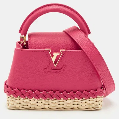 Pre-owned Louis Vuitton Magenta/beige Taurillon Leather And Rattan Capucines Mini Bag