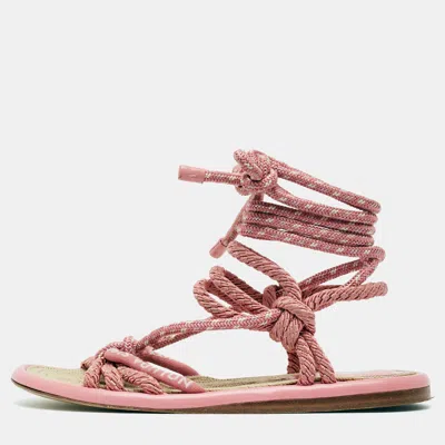 Pre-owned Louis Vuitton Maia Size 38 Pink Fabric And Rope Ankle Strap Fflat Sandals