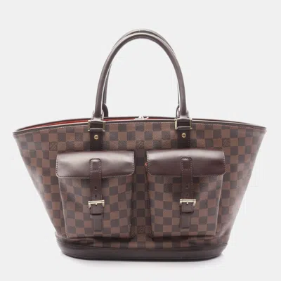 Pre-owned Louis Vuitton Manosque Gm Tote Handbag Damier Canvas Leather Ebene In Brown