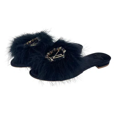 Pre-owned Louis Vuitton Marabou Lv Logo Crystals Marilyn Slip On Mules 37 In Black